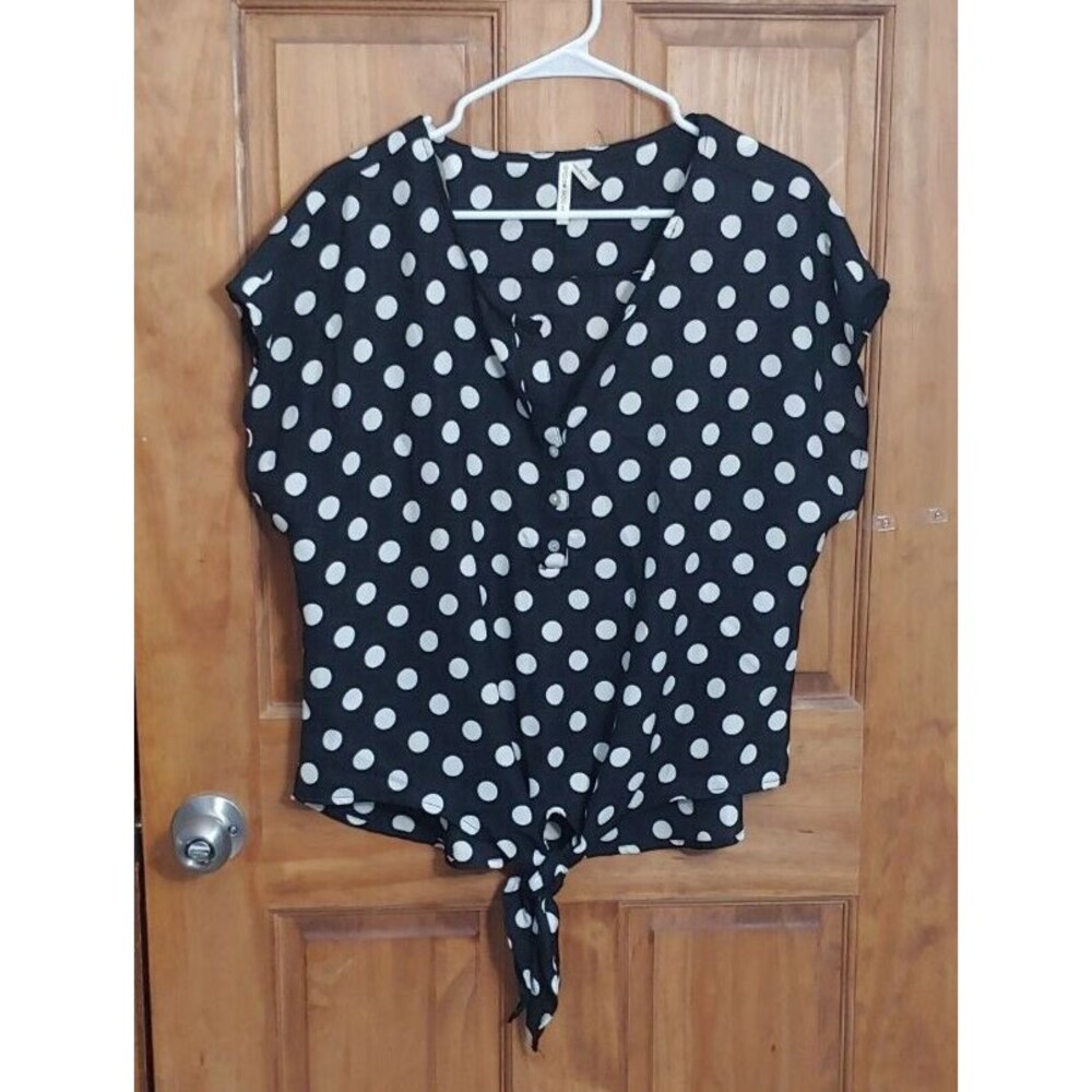 Moon Orchid Womens Top Large Black White Polka Dot Tie Waist Front Short Sleeves